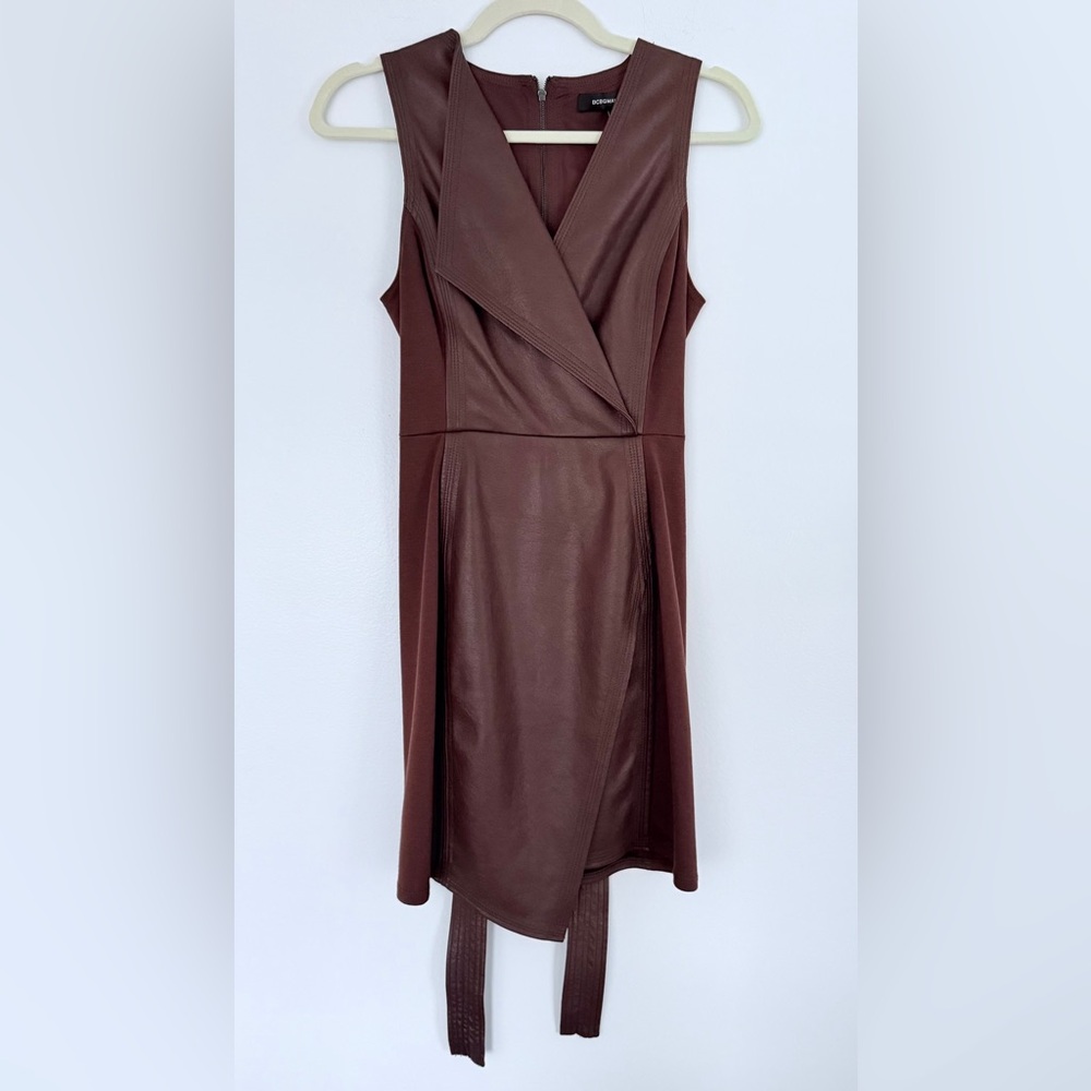 BCBGMaxAzria Leather Mini Dark Brown Fully Asymmetrical Dress, Sz. XXS - Picture 4 of 5